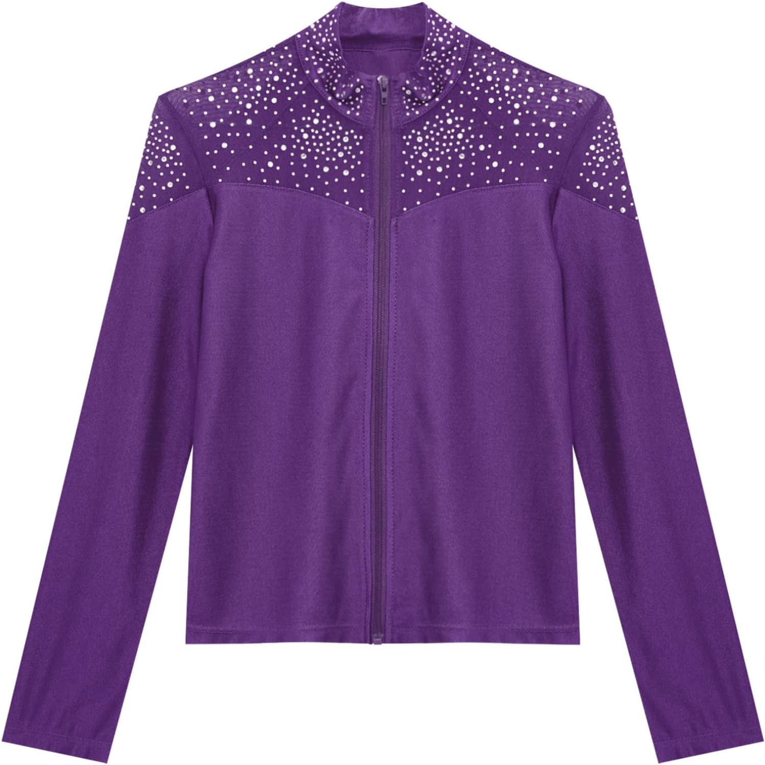 JEATHA Kids Girls Ice Skating Jackets Rhinestones Mesh Long Sleeve Zip Up Training Practice Figure Skating Tops