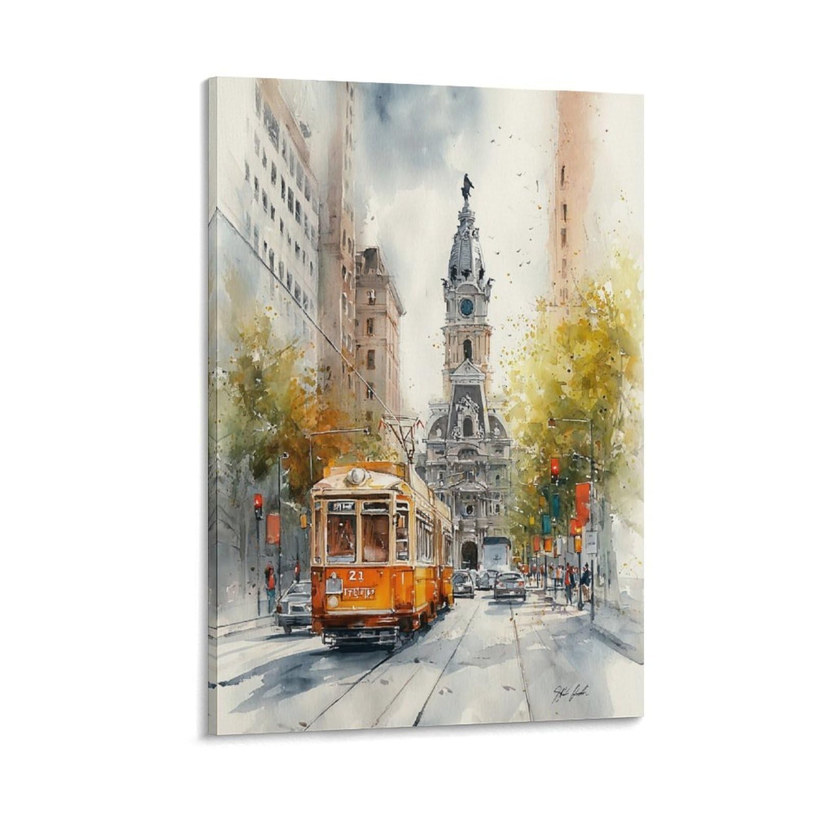 LCYNNH Philadelphia Watercolor Trolley Car 20x30inch(50x75cm) Vintage Travel Poster Watercolor Canvas Art