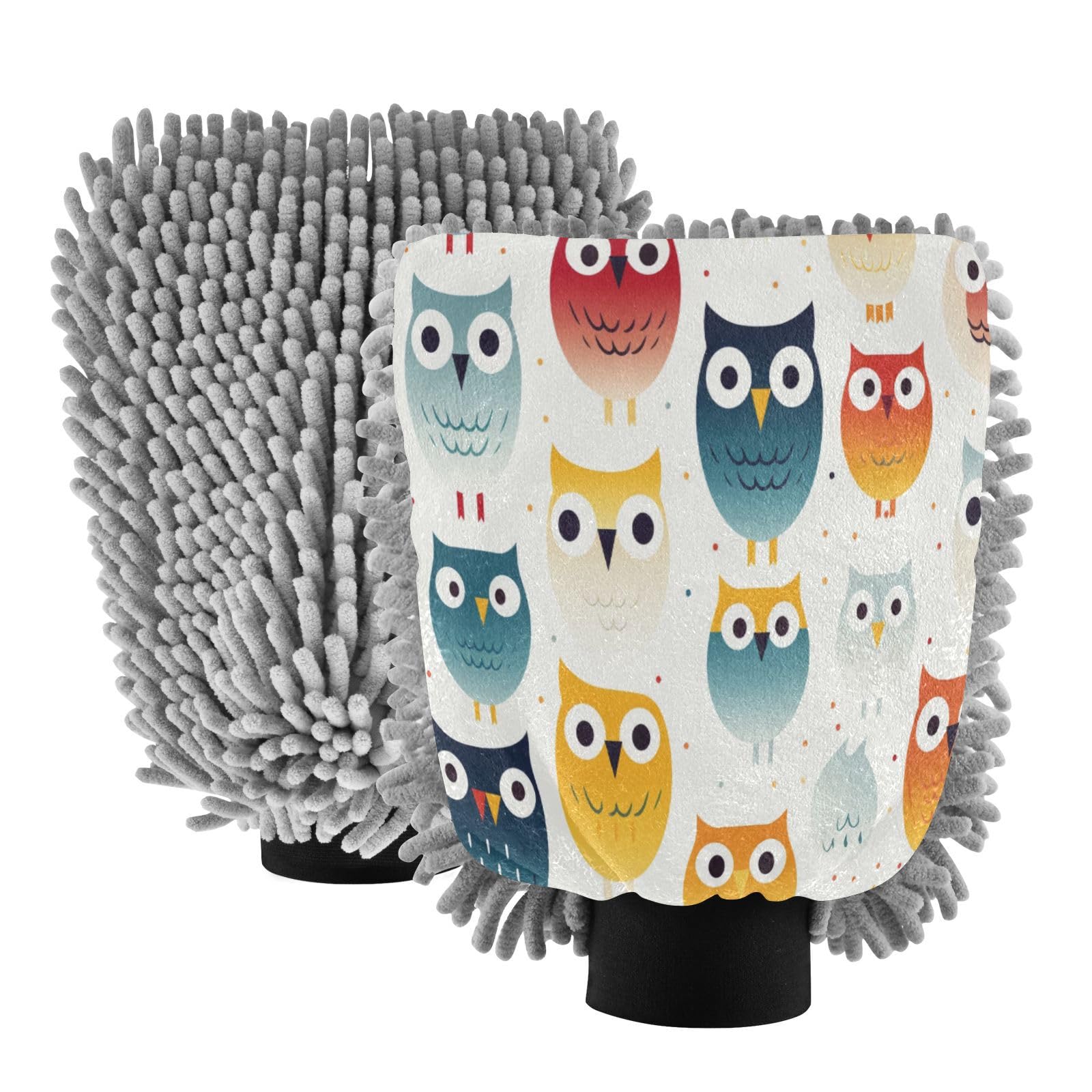 ALAZA Cute Rainbow Owl Car Wash Mitt Scratch Free, 2 Pack Absorbent Microfiber/Chenille Washing & Drying Mitts, M