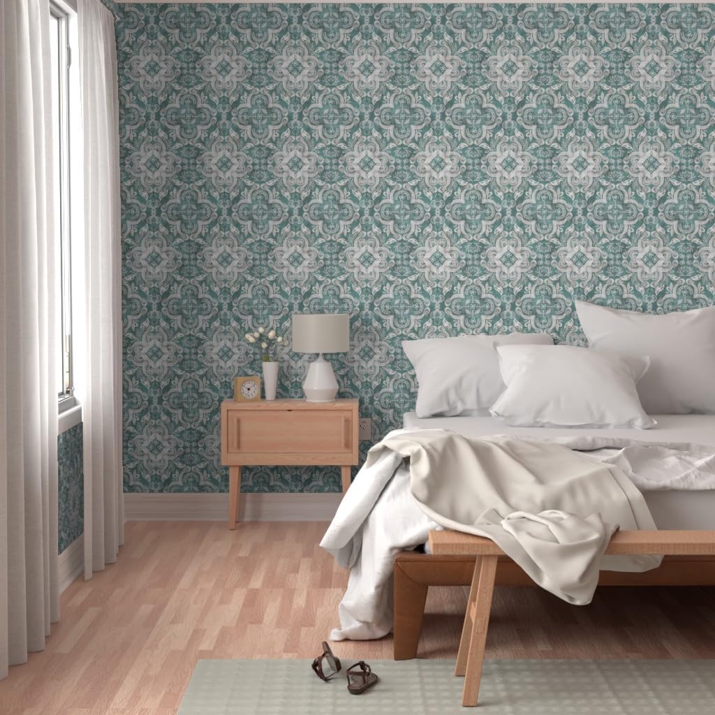 Removable Wallpaper 6ft x 2ft - Teal Gray Boho Print Large Bohemian Nature Dark Quatrefoil Floral Custom Pre-Pasted Wallpaper by Spoonflower