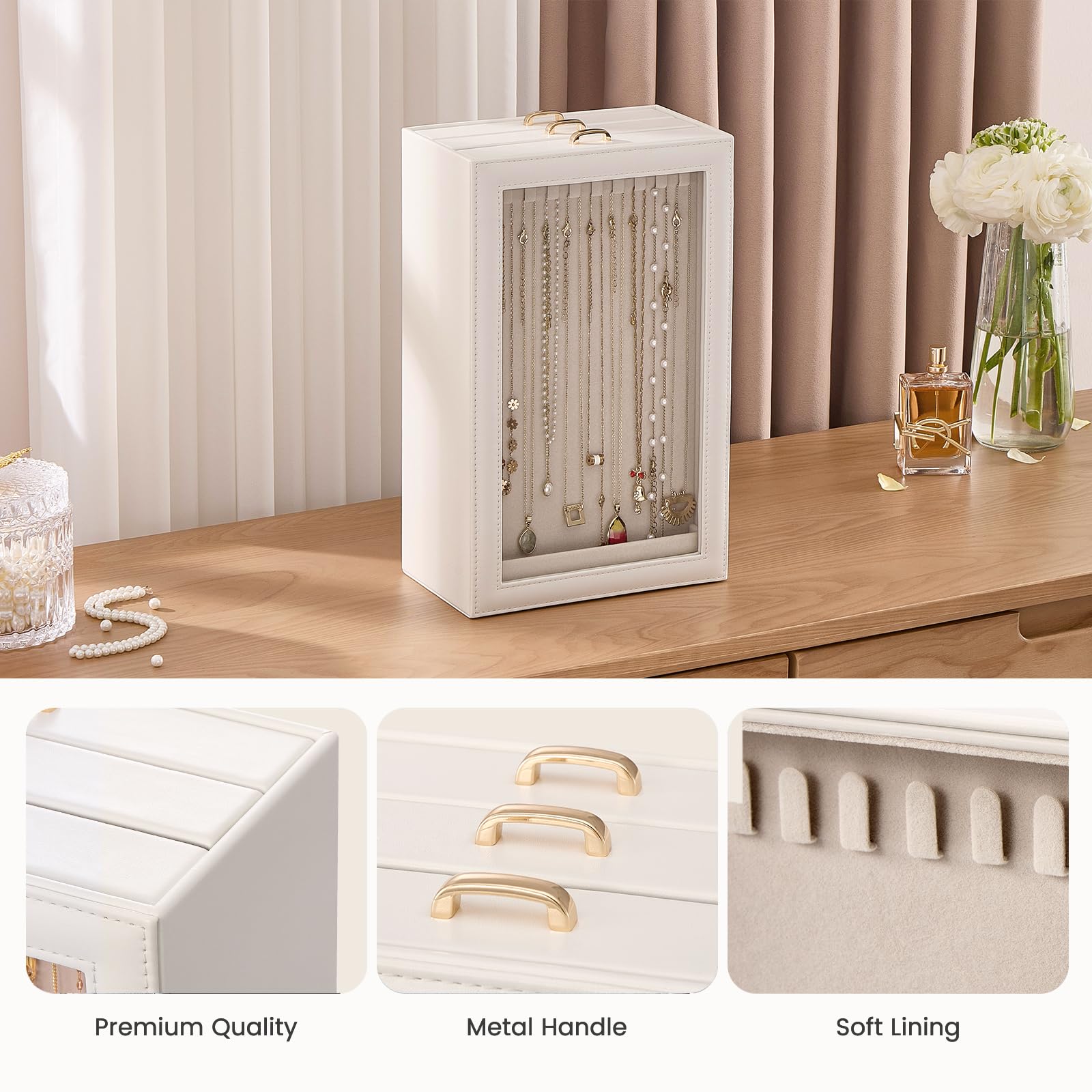 Lolalet Organizzatore Verticale per Collane – Scatola 3 Cassetti, 3 Livelli, 30 Ganci, Antigroviglio, Salvaspazio, Bianco