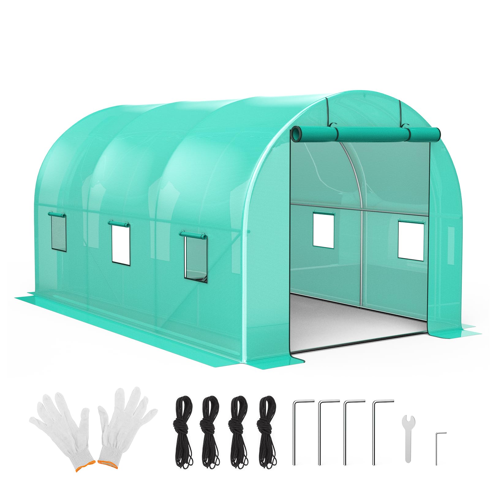 Garvee Serra da Giardino a Tunnel 2,44x3,96x2,13m, Serra per Orto con 2 Porte con Cerniera e 6 Finestre, Telo in PE Rinforzato 140g/m² e Struttura in Acciaio Zincato, Verde