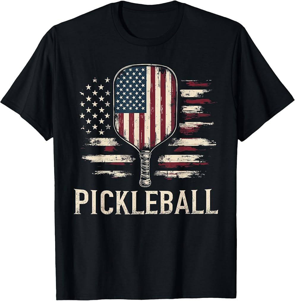 Pickleball Player US Flag Retro Paddleball T-Shirt