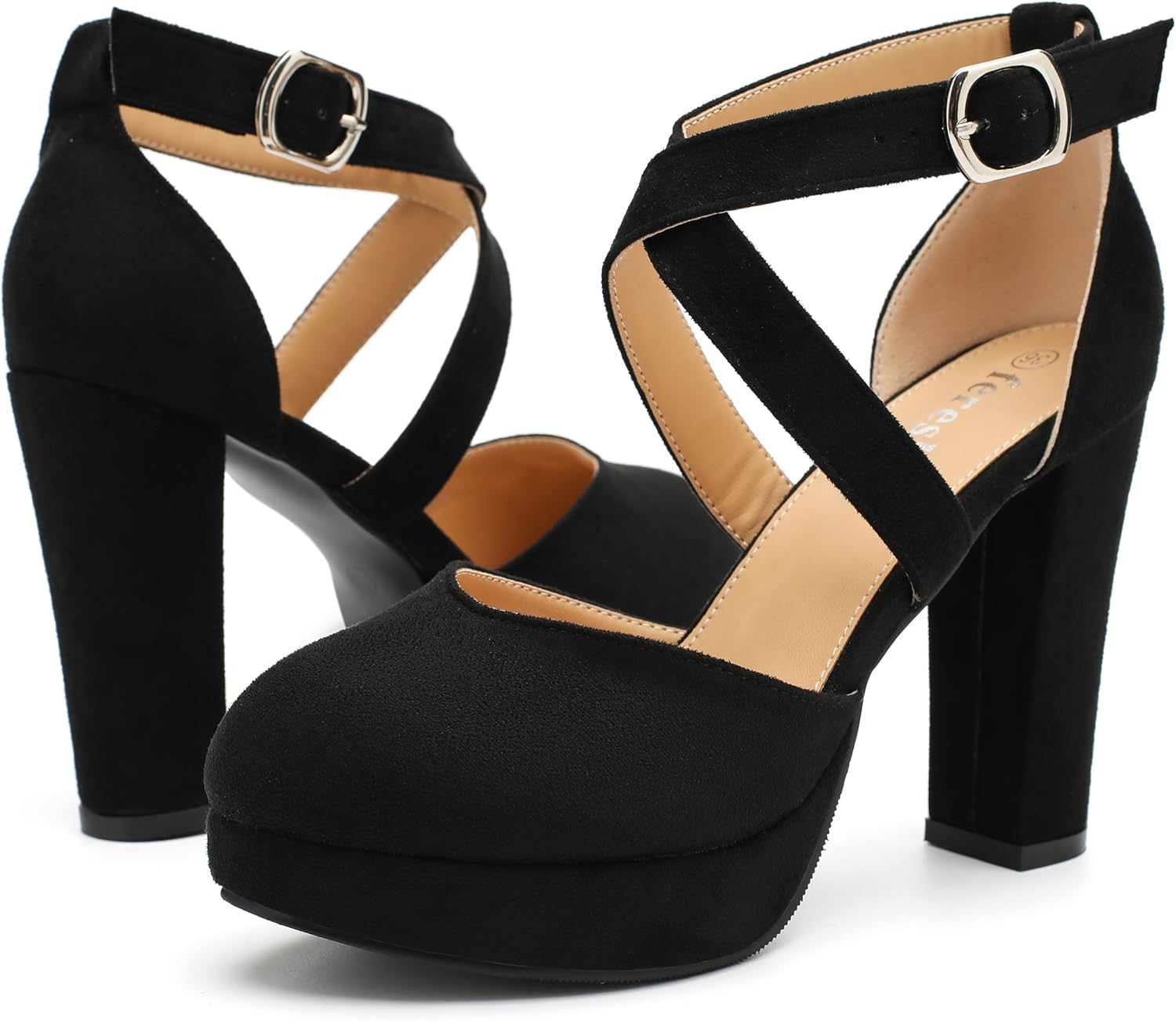 fereshte Women's Platform Pumps, Crisscross Ankle Strap, Chunky Block Heel, Closed Toe, 3.94 Inch High Heeled Dress Shoes - Image 7