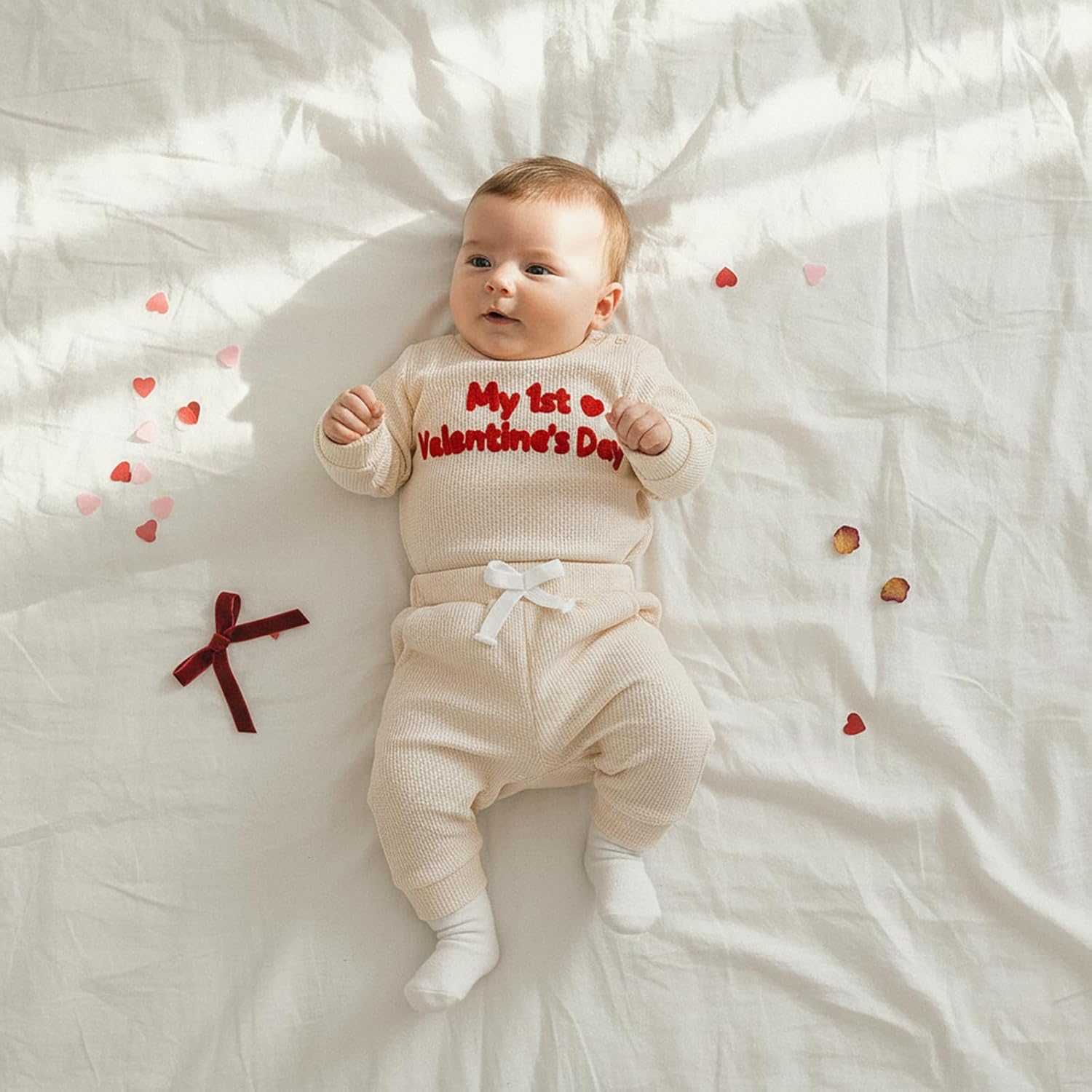 Douhoow Baby Valentines Day Outfit Infant Boy Girl My 1st Valentine's Embroidered Waffle Baby Sweatshirt Romper Pants Set - Image 5