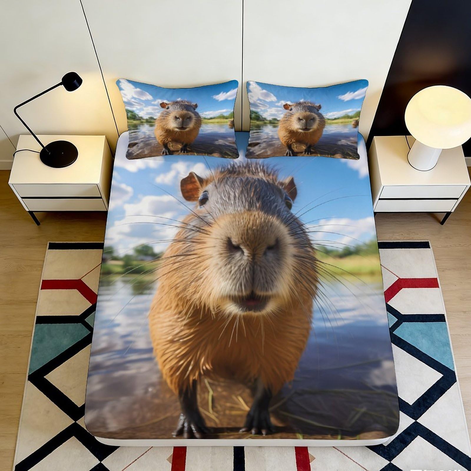 3D Printed Waterside Capybara Fitted Sheet Microfiber Deep Pocket for Bedroom Bedding Waterside Animal Mattress Fitted Cover for Adults Teens 120x200x25cm