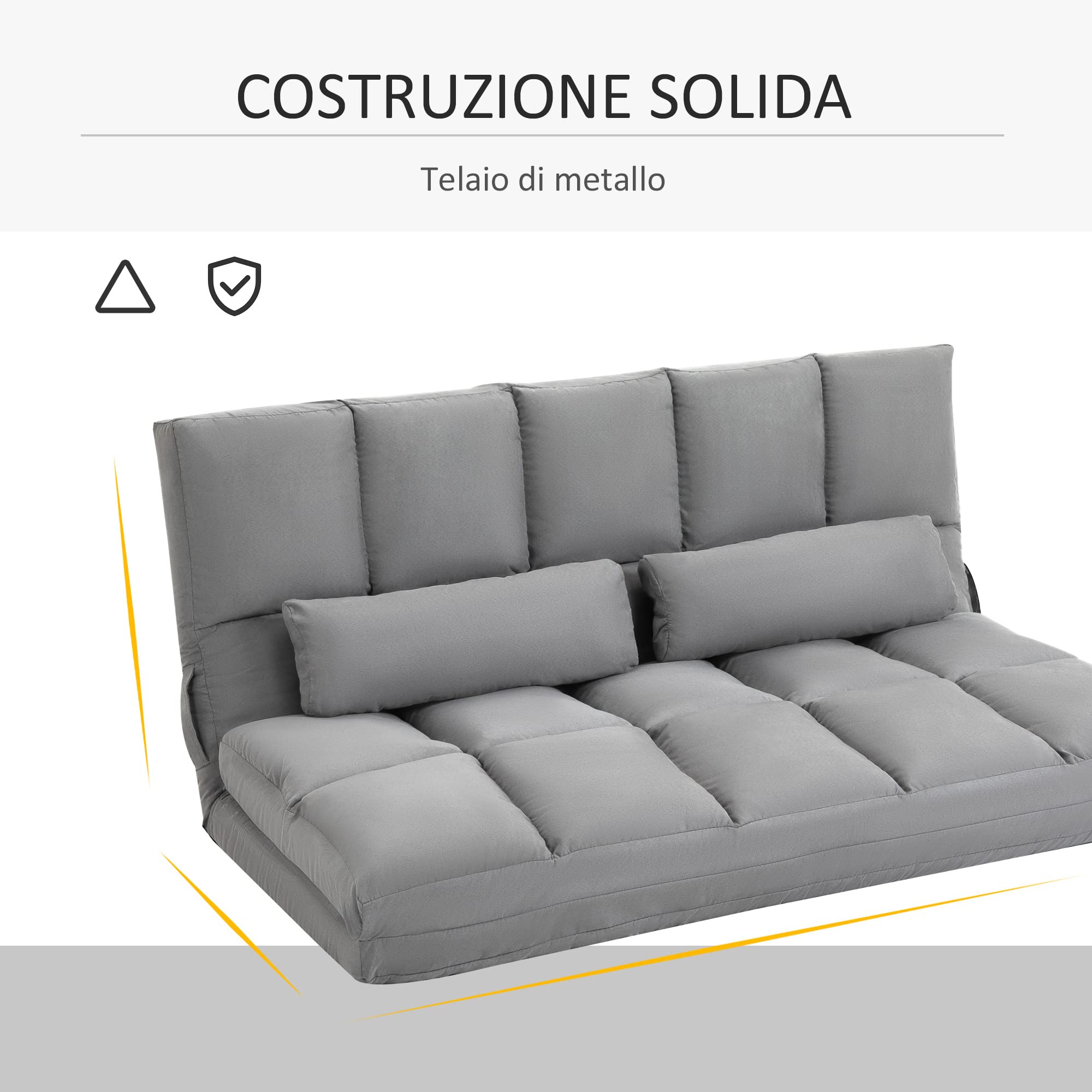 HOMCOM Divano Letto Moderno 2 in 1, Schienale Reclinabile su 7 Livelli e Cuscini, Divano per Soggiorno per TV, Giochi, Lettura, Yoga, Ufficio, 130x73x60 cm, Grigio Chiaro
