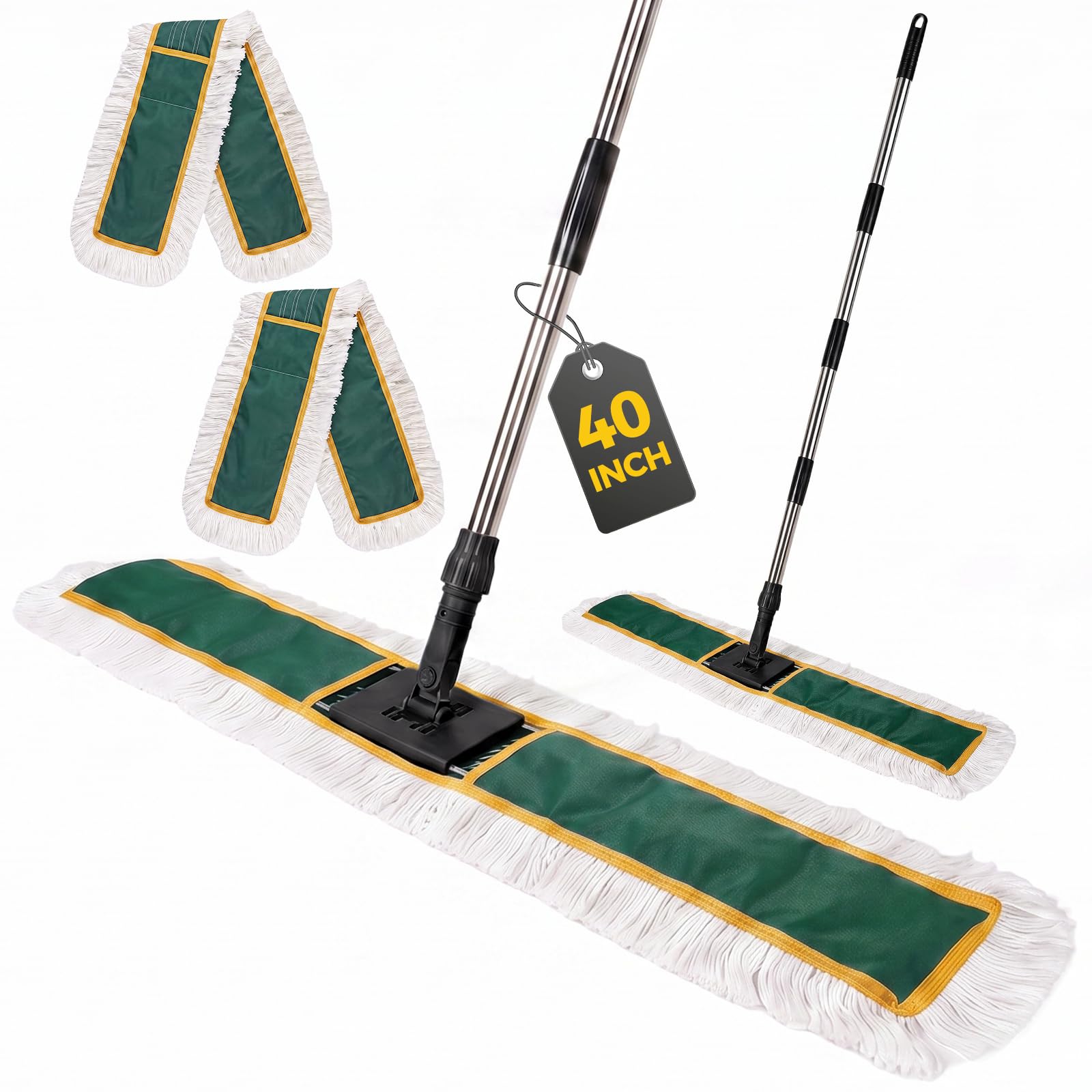 40” Commercial Dust Mop, Large Dust Mop with 2 Washable Pads, Green