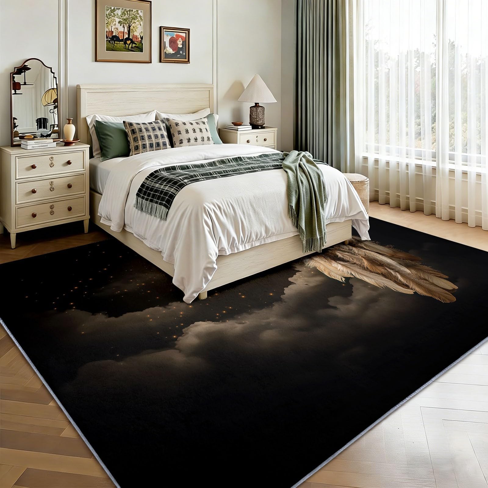 Waschbarer Wohnzimmerteppich Tiefschwarz, Boho Traditionell Sternenhimmel Traumfänger Flor Teppich rutschfest Weiche Teppiche Antirutschmatte für Schlafzimmer Meditationsraum Wohnzimmer, 80 x 150 cm