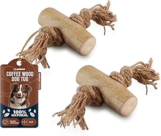 2 Pack Coffee Wood Tug for Dogs, Medium Toys Made of Real Coffee Wood and Hemp Rope - 100% Natural - Dogwood Chew Stick, Stress Relief, Training and Rewards