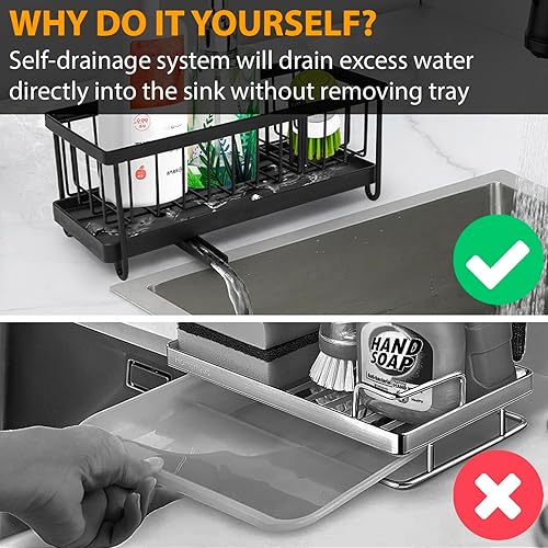 Miniatura 2 de KSEV Organizador de fregadero con bandeja de drenaje ajustable con boquilla automática (acero inoxidable inoxidable), organizador de fregadero de