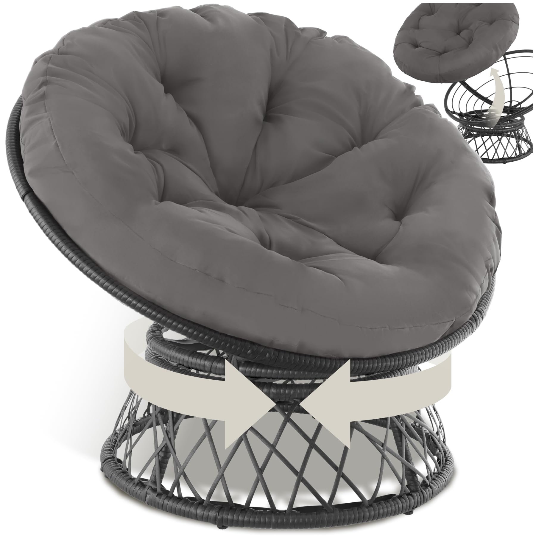 tectake® Fauteuil Papasan en Rotin Chaise Relax Ronde Résine Tressée 1 Place Pivotant à 360°, Coussin Épais Grand Confort Inclus, Mobilier de Jardin pour Amenagement Balcon Terrasse Salon de Jardin