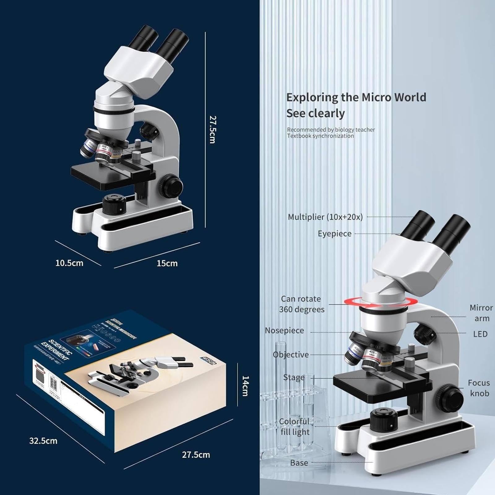 Microscopio, Microscopios BiolóGicos Compuestos 40x-1600x Con IluminacióN Led De 7 Colores/RotacióN De 360°/Cuerpo De Metal, Para Regalos De Estudiantes Adultos,Microscopios BiolóGicos,White