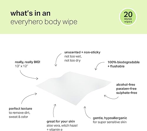 Miniatura 4 de everyHERO Toallitas de ducha para el cuerpo y la cara para adultos (20 unidades) - Sin perfume, extra grandes de 13 x 12 pulgadas, biodegradables,