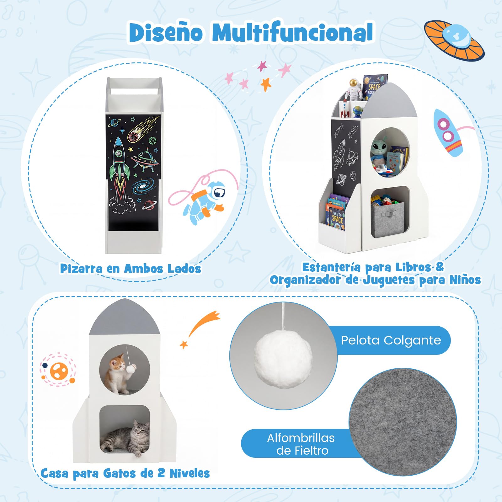 COSTWAY Estantería Infantil de 3 Niveles, Organizador de Juguetes para Niños con Tema Espacial y Pizarra, 2 Compartimentos y Estante Abierto, Estantería de Madera para Aula, Sala de Juego, Guardería