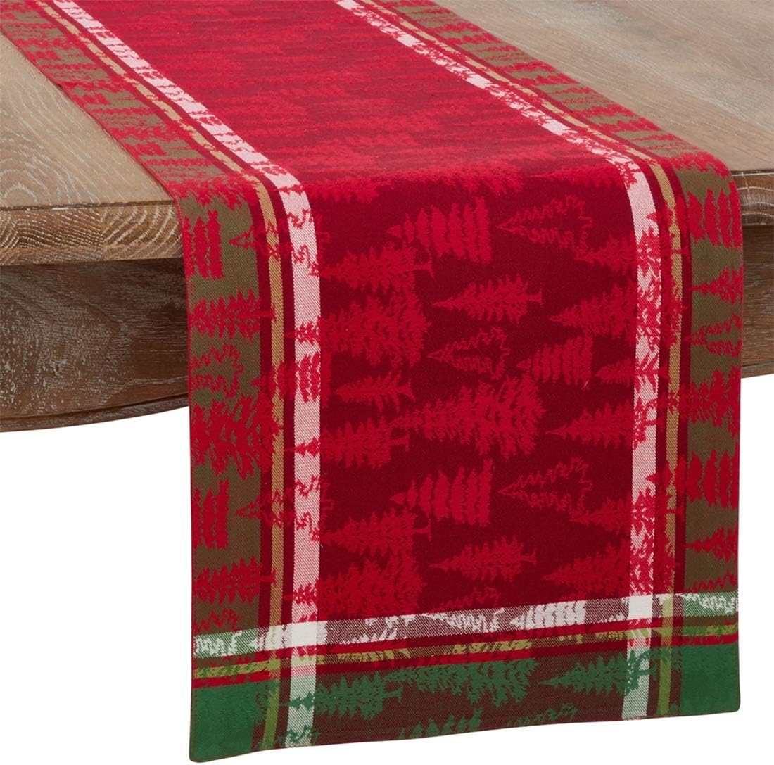 Fennco Styles Christmas Tree Plaid Design 100% Cotton Table Runner 13 x 108 Inch - Red Table Cover for Home, Holiday, Family Gathering and Special Occasion