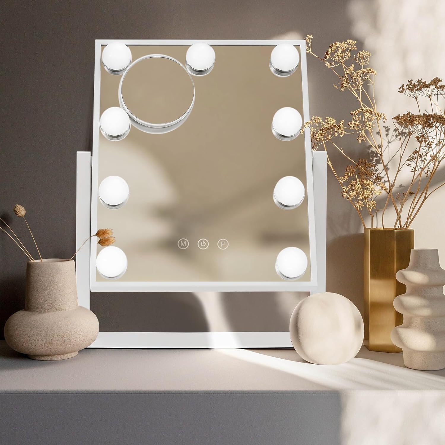 Specchio di trucco hollywoodiano con 9 lampadine LED, 3 modalità di illuminazione, schermo tattile, rotazione di 360 gradi