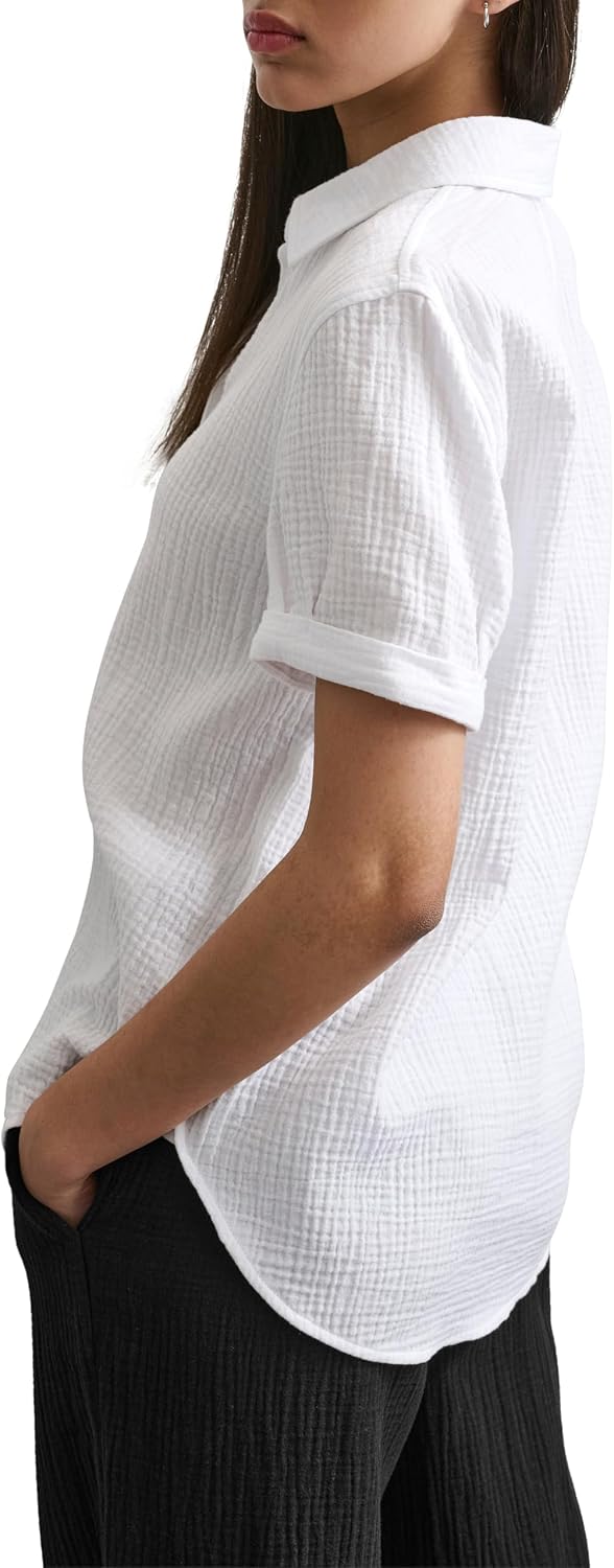 DKNY Women's Double Crepe Gauze Rolled Short Sleeve Button Front Shirt