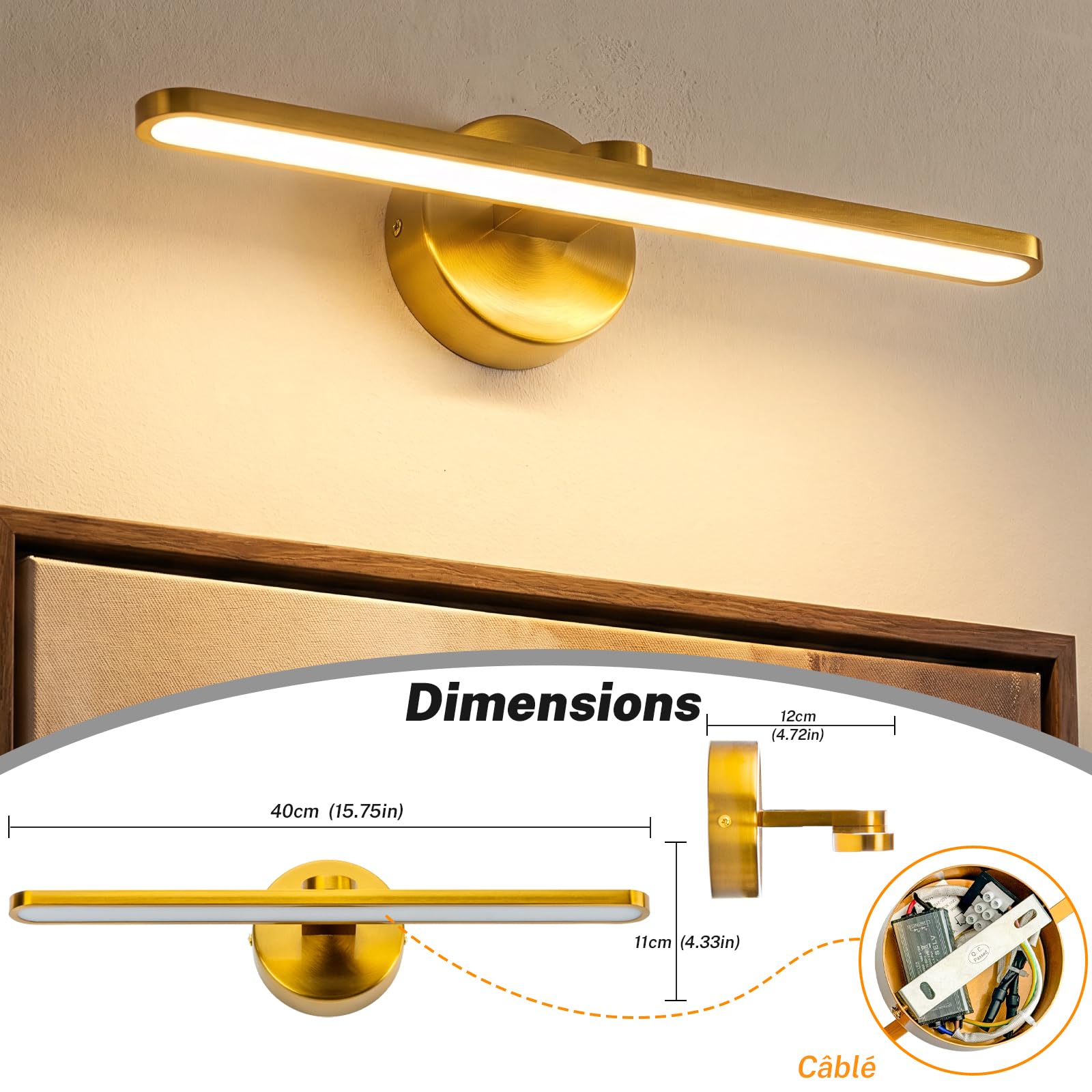 Lampara LED de Espejo Baño, Blanco Cálido 3000K 12W Aplique Luz Espejo Baño Moderno, IP44 Espelho Resistente al Agua para baño 960LM, 40CM