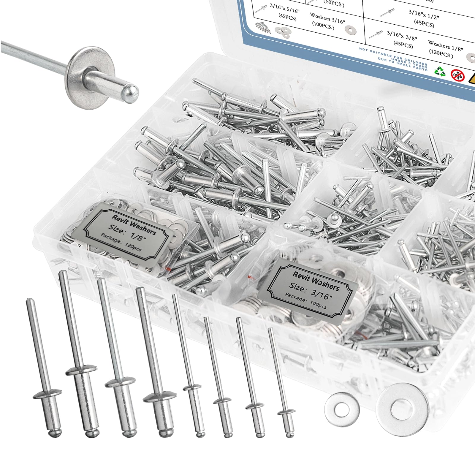 600PCS Rivet Assortment Kit - 8 Sizes with 2 Sizes Washers, Metal Rivets, Aluminum Grip Steel Mandrel, Blind Rivets (Silver)