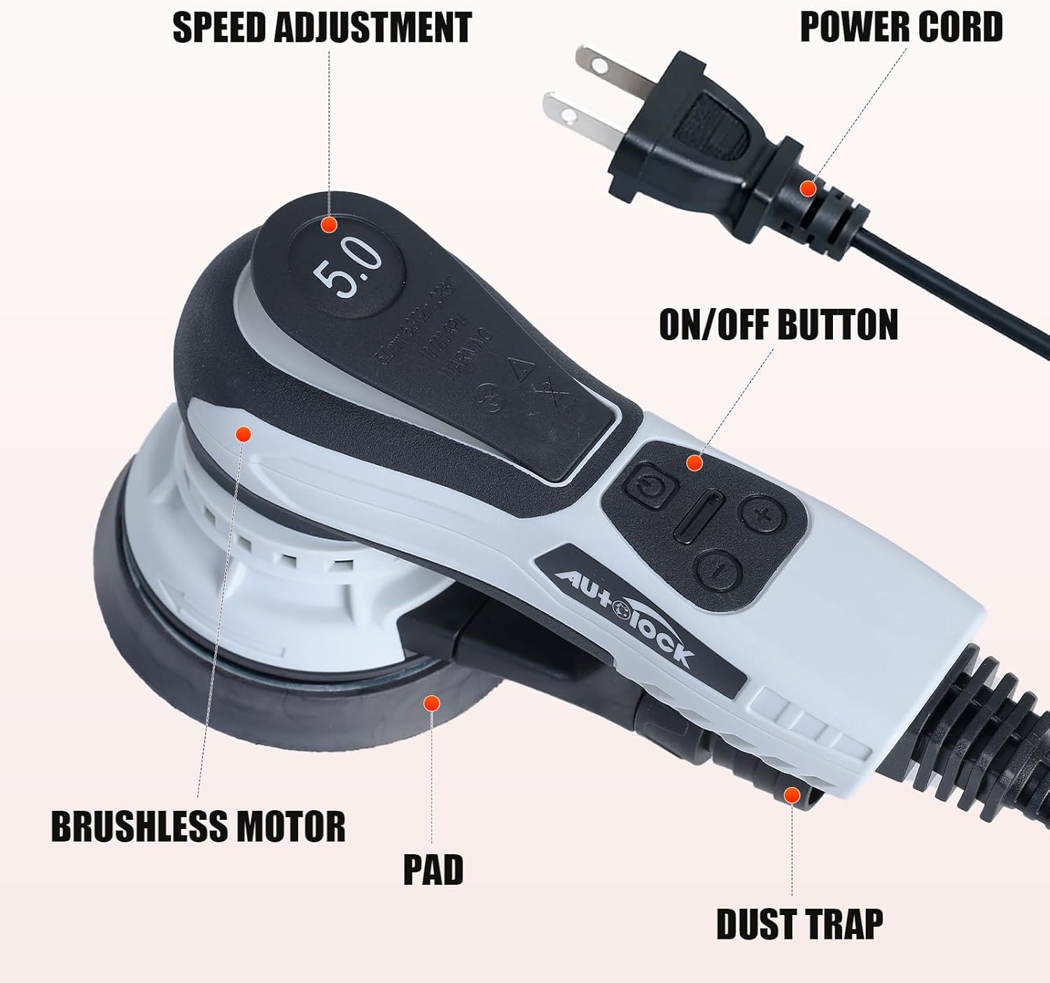 Autolock Electric Random Orbital Sander, 350W Brushless Motor with 5 & 6 Inch Pads, 10000RPM Palm Sander for Woodworking, Sanding and Polishing (1pcs)