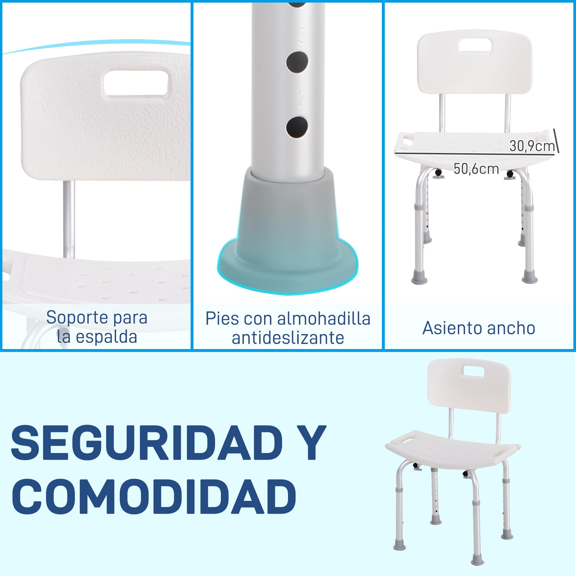 HOMCOM Silla para Ducha Personas Mayores Taburete de Ducha con Altura Ajustable en 8 Niveles Respaldo y Alfombrillas Antideslizante Ayuda para Baño para Ancianos y Discapacitados