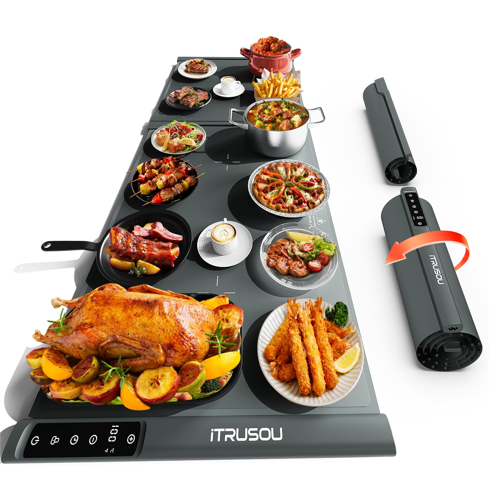 Tapis chauffant XXL pour comptoir 106,7 x 40,6 cm – Plateau chauffant électrique extra large pour buffets, fêtes et repas de famille – 2 pièces enroulables extensibles pour un chauffage rapide sur