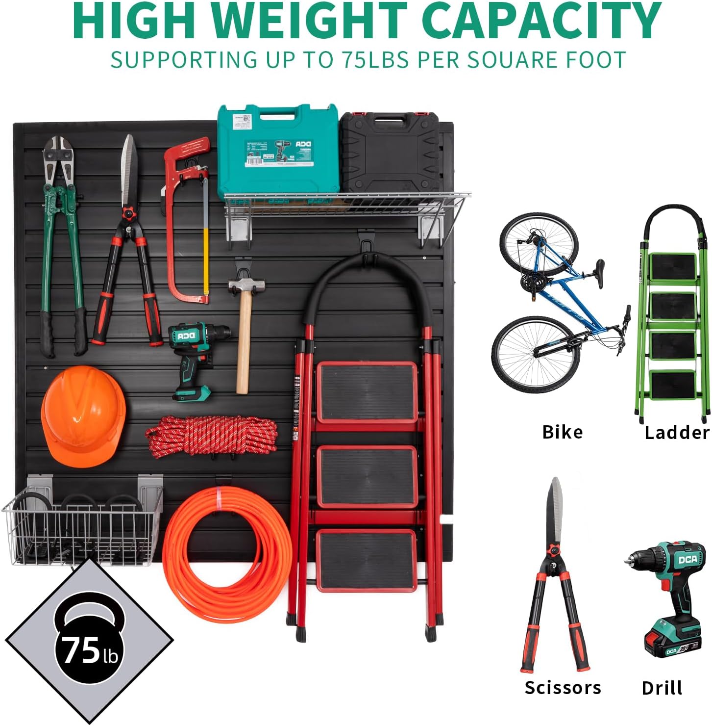 Slatwall Panel Garage Slat Wall Storage Systems with 26 Slatwall Accessories, 4'x8' PVC Black Slat Wall Paneling for Retail Display, Garage Storage, Guitar Shop, Home Storage