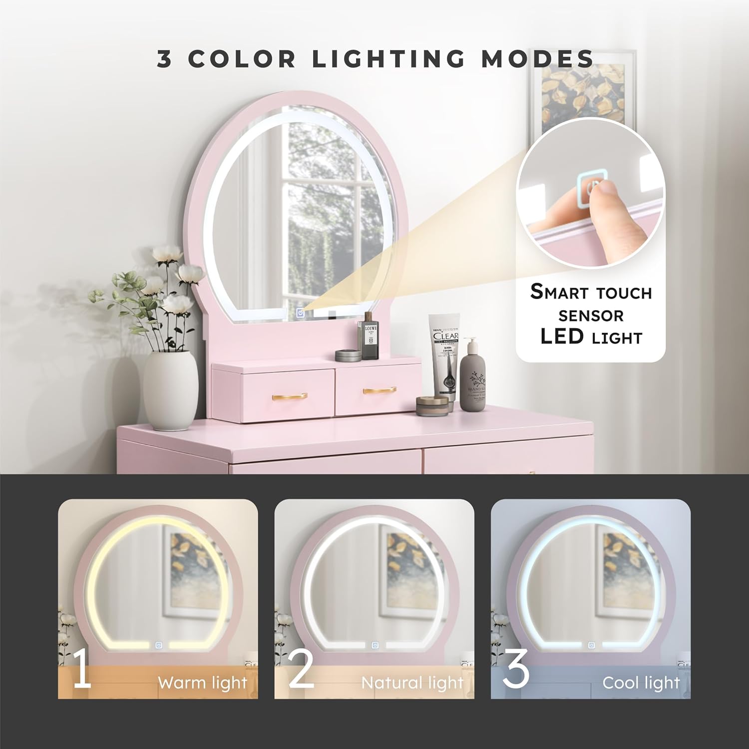 Lexicon Modern Dressing Table with Mirror, LED Lights, 3 Lighting Modes, Small Makeup Dressing Table Set with 4 Drawers and Cushioned Stool, Adjustable Lighting for Bedroom, Pink