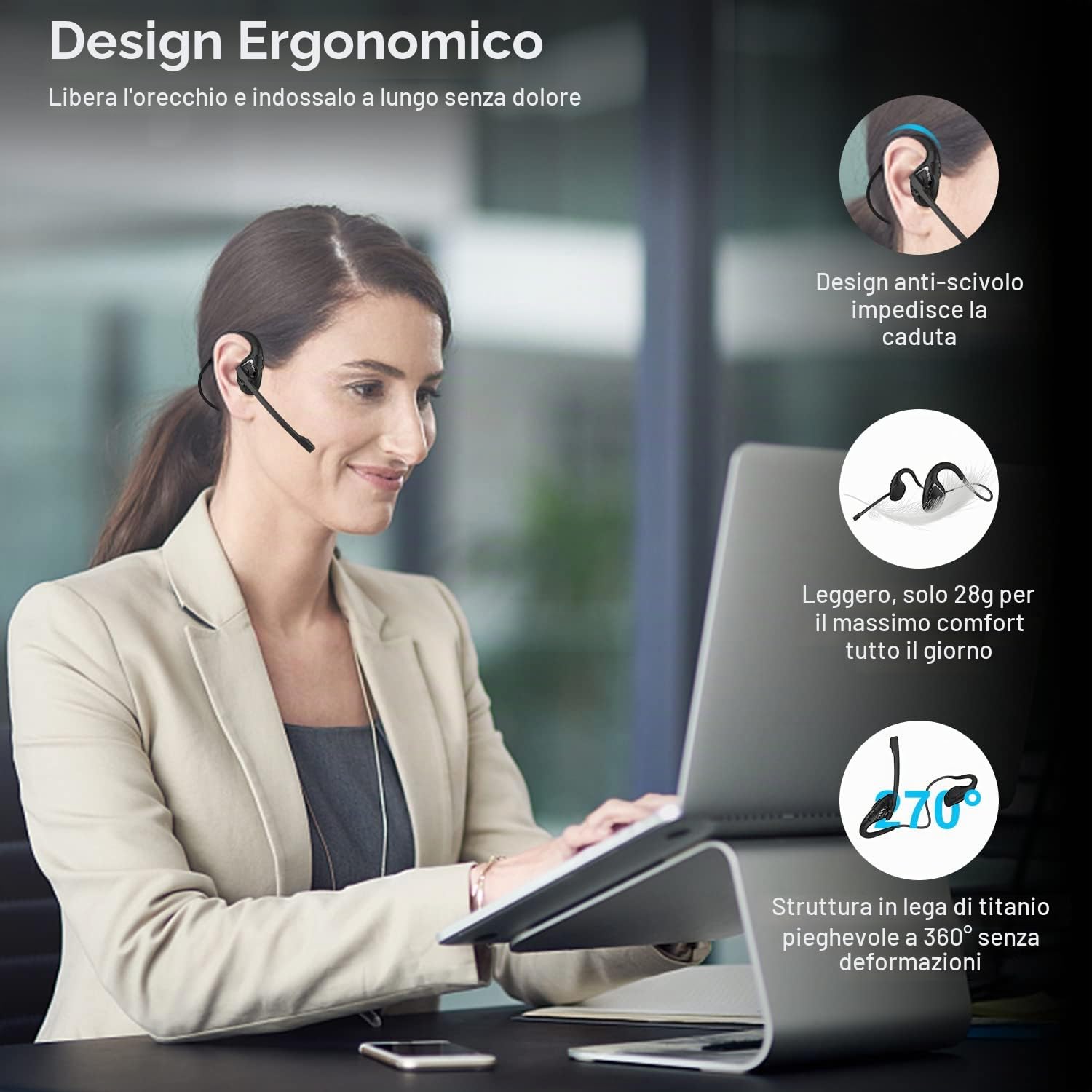 iDIGMALL Ultime cuffie Bluetooth 5.2 w/CVC8.0 Noise Cancellazione Mic Boom, cuffie stereo wireless a conduzione d'aria aperto/auricolare, corsa, apprendimento degli studenti