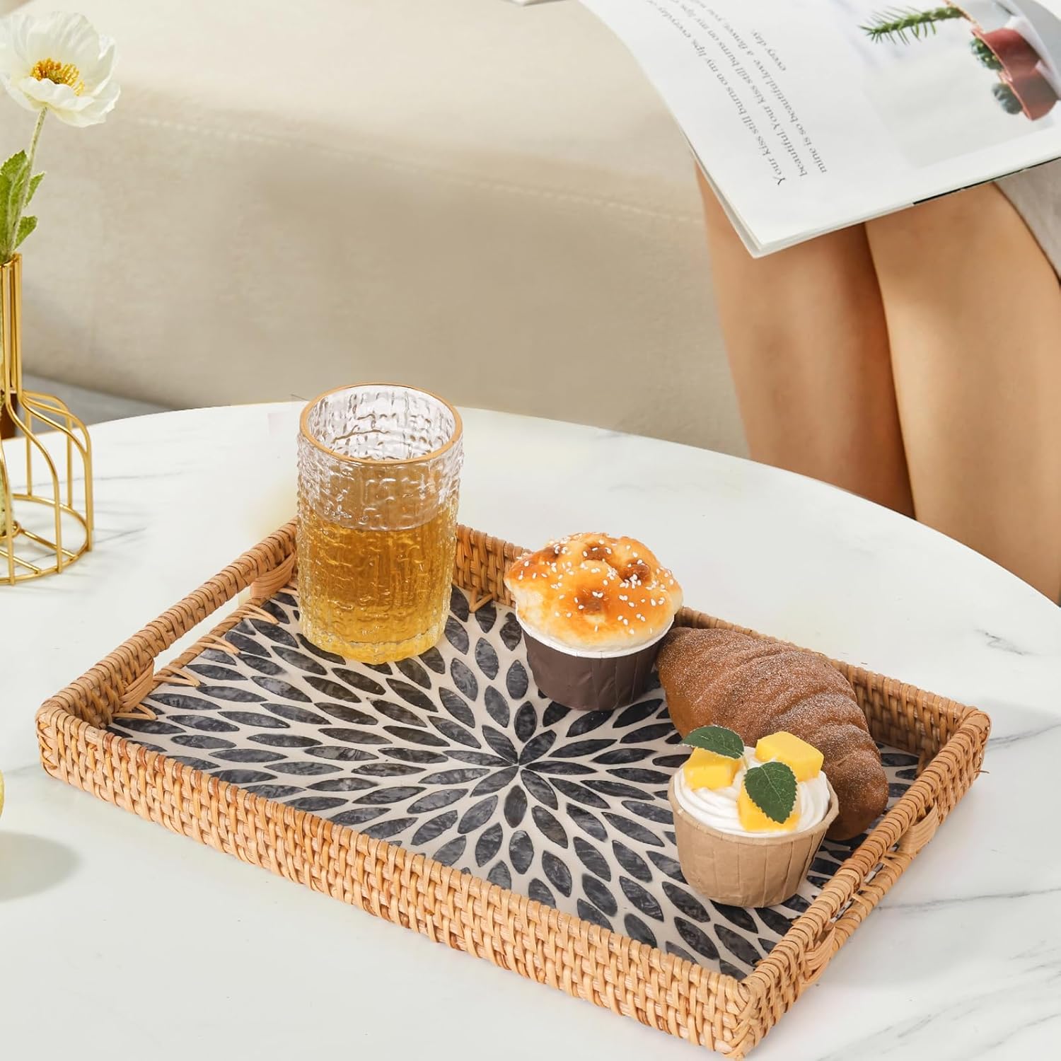 Rectangle Rattan Tray with Mother of Pearl Inlay, Rattan Serving Tray with Handle for Coffee, Bread, Fruits, Snacks, Decorative Wicker Tray for Table Decor (Rectangle Dark Blue Leaf, 13"×9") - Image 9