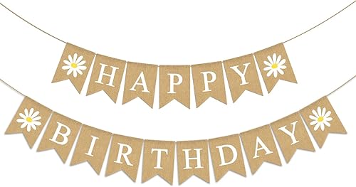 Pudodo Cartel de arpillera de yute con temática de margaritas de feliz cumpleaños, primavera, verano, fiesta de cumpleaños, guardería, cocina,