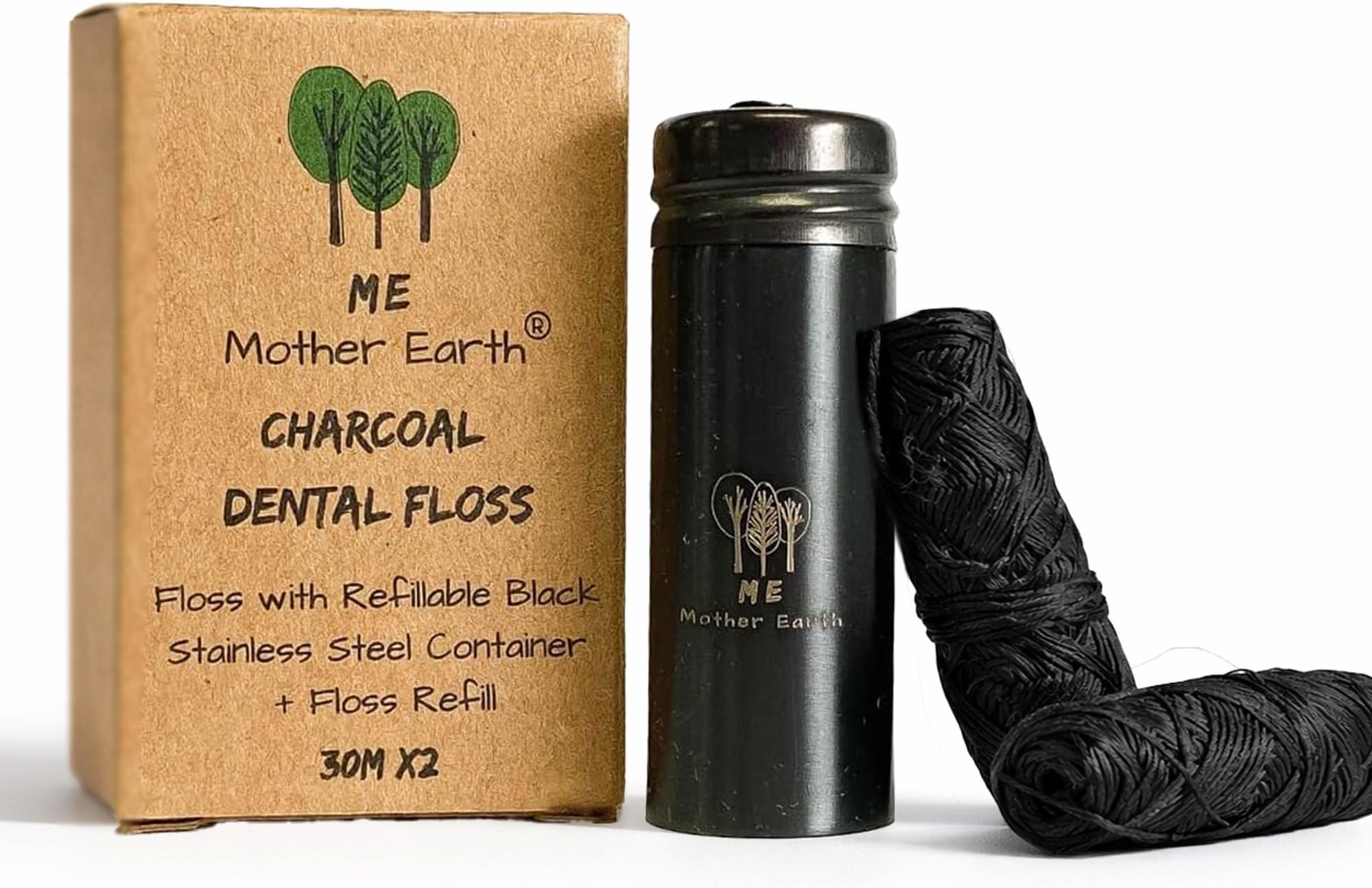 Vegan Biodegradable Bamboo Charcoal Dental Floss with Refillable Black Stainless Steel Container | 30M x2 | Extra Floss| Natural Candelilla Wax | Peppermint | Zero Waste Oral Care