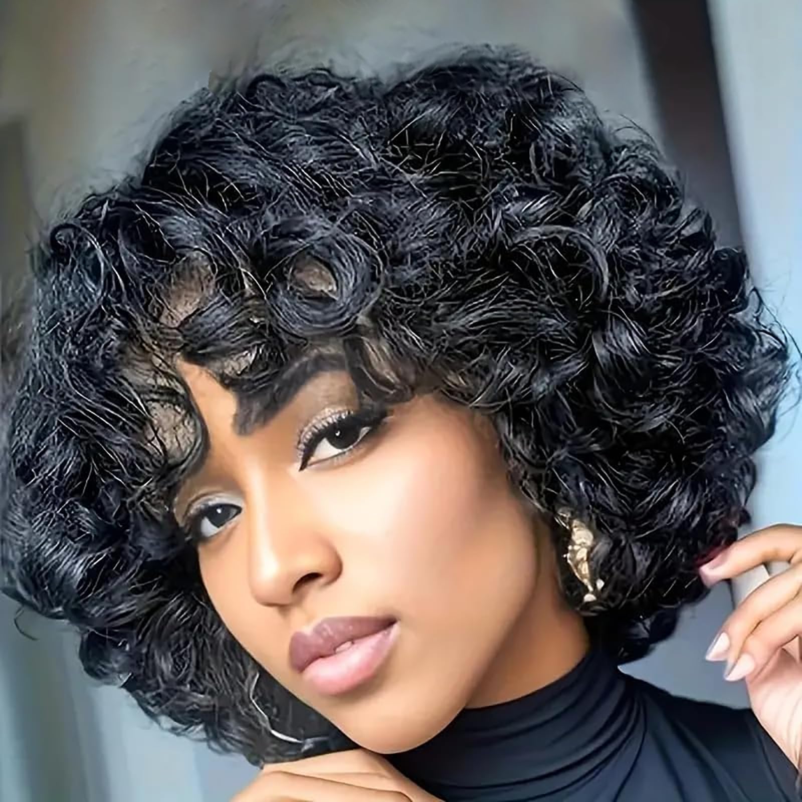 Short Bob Loose Curl Wig With Bangs 100% Human Hair Pixie Cut Wig Bouncy Curls 180% Density Wigs For Women No Lace Front Egg Curl Glueless Wig with Bangs (Black Bounce curl)