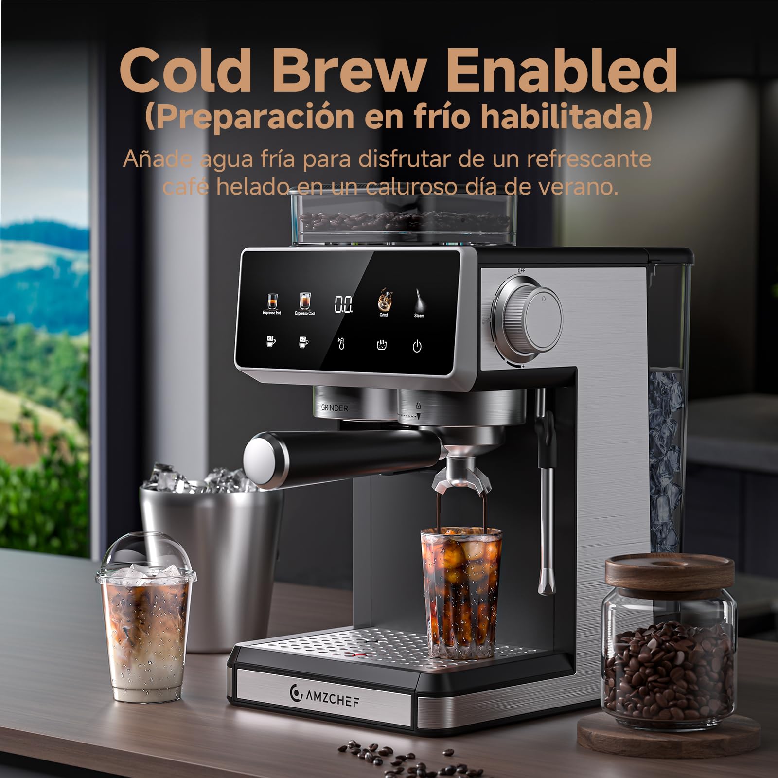 AMZCHEF Cafetera express con molinillo, cafetera espresso 20 bar para casa con vaporizador de leche, 3 niveles de temperatura, 20 ajustes de molienda, función de café frío y caliente, pantalla táctil