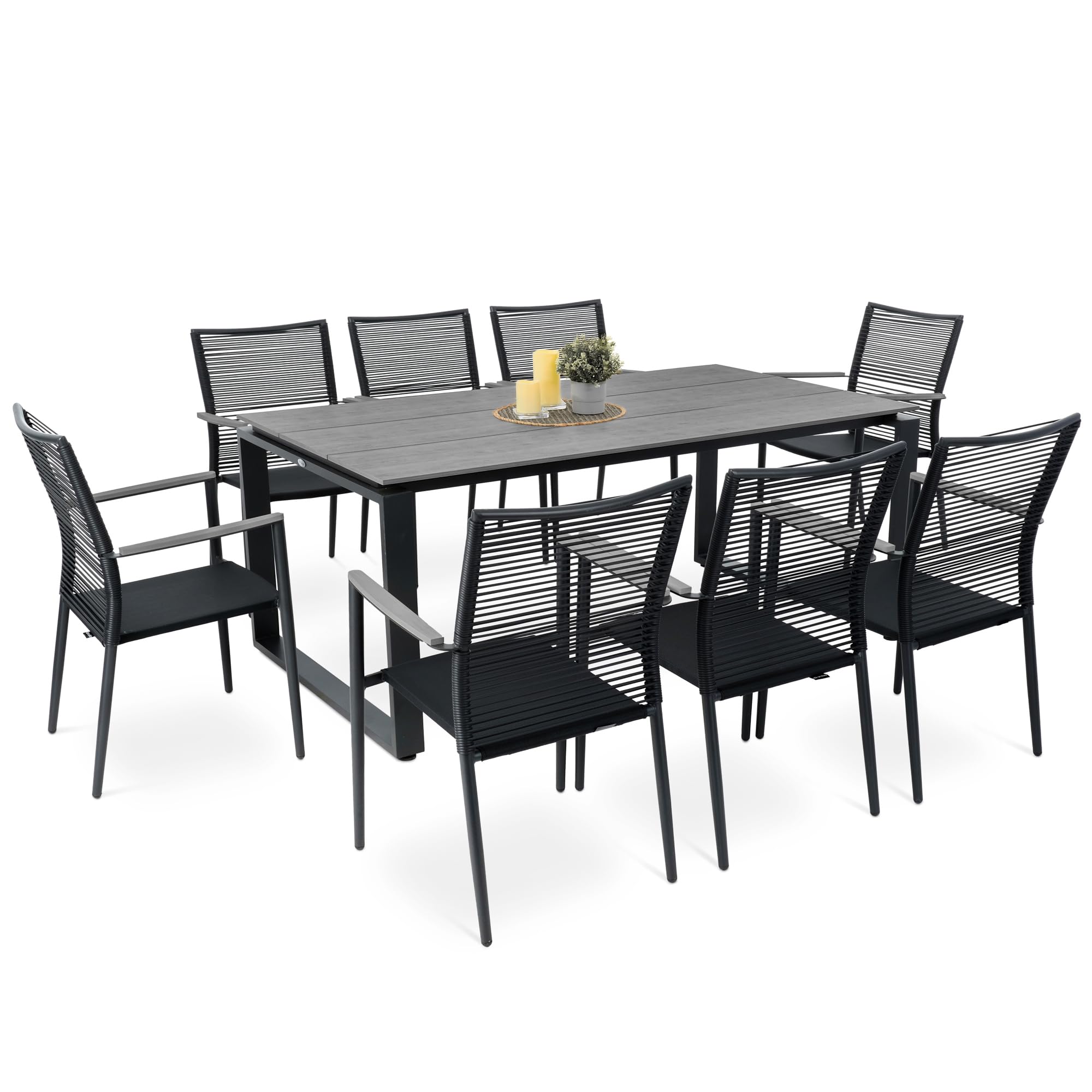 di volio Gartenmöbel PREZZA, langlebiges Gartenmöbel-Set für 6-8 Personen - Esstisch & 8 Stühle, Kunstholz & Aluminium, stapelbare und Bequeme Stühle (8+1)