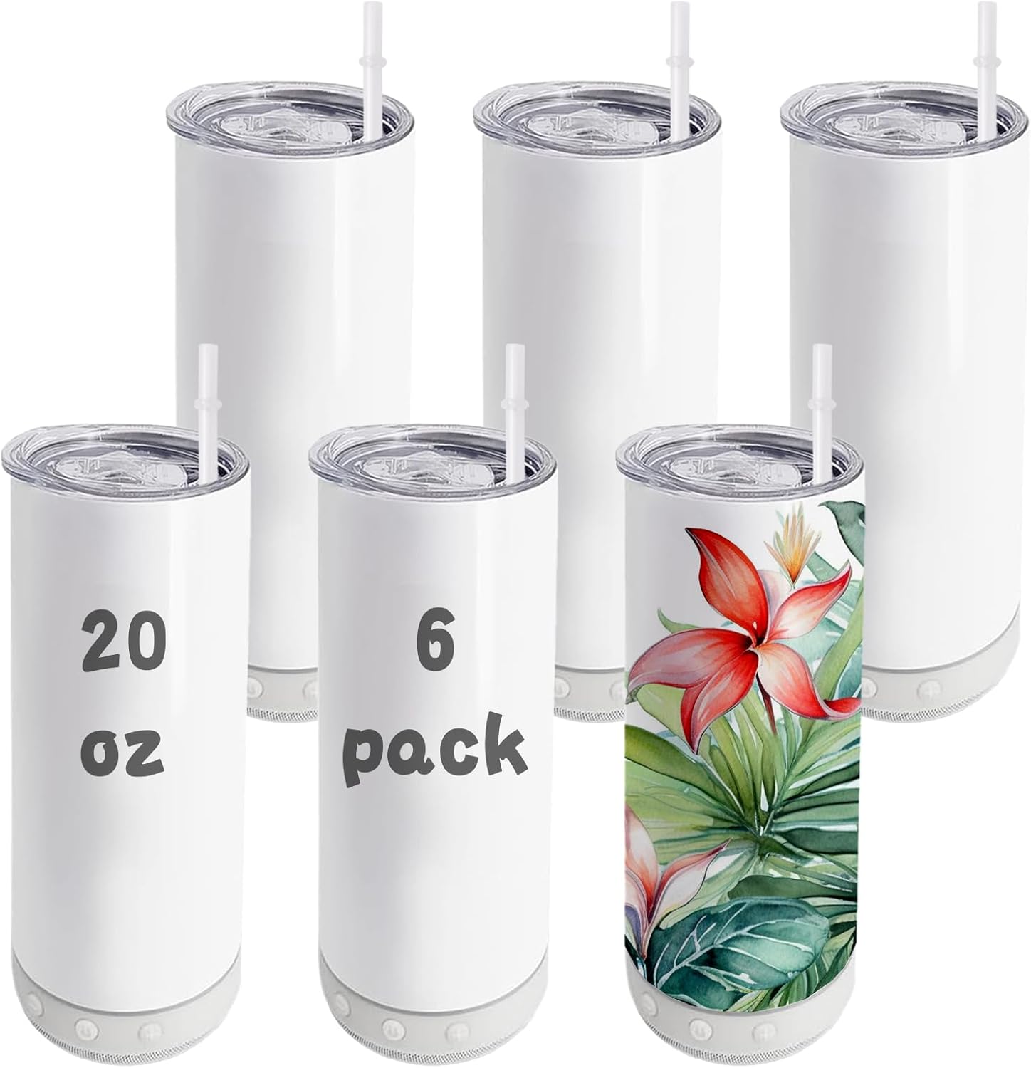 6 Pack 20 OZ Sublimation Blank Tumblers Bulk Stainless Steels Double Vacuum Bluetooth Speaker Music Insulated Tumbler with Lid and Straw Metal Cup White