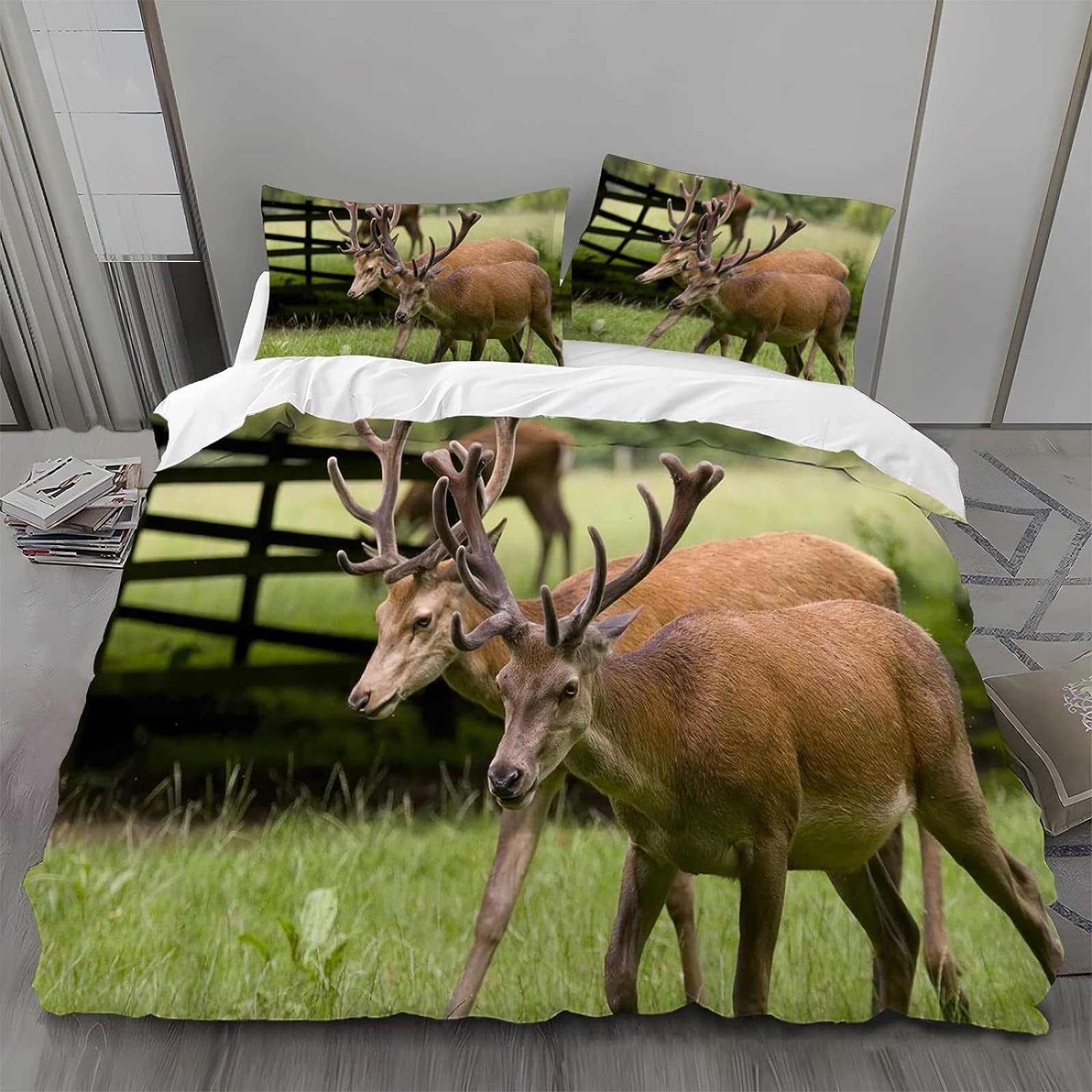 Copripiumino Matrimoniale Con Cervo – Set 240x220 Cm + 2 Federe 50x80 Cm, Microfibra Morbida, Stampa Foresta, Reversibile E Facile Da Lavare
