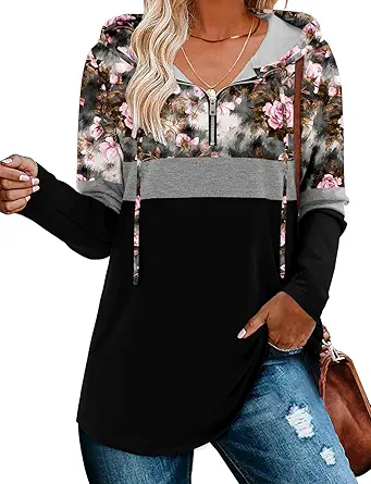 BETTE BOUTIK Womens Quarter Zip Tunic Hoodies Pullover Long Hooded Sweatshirts S-3XL