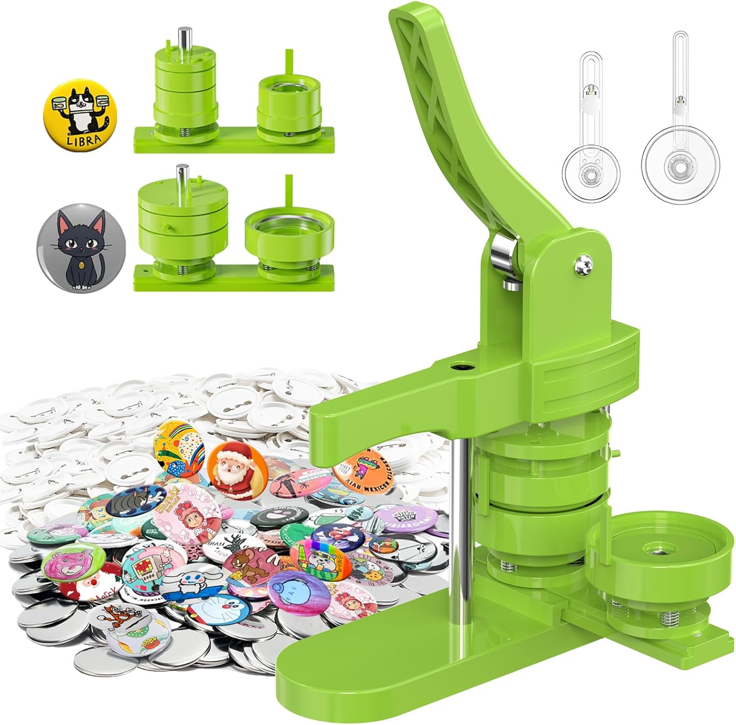 Aiment Button Maker Machine Multiple Sizes 200Pcs, Badge Maker 1.25+2.25 inch for Kids, Badge Press Machine with 200 Sets Button Making Supplies & Cutter & Cutting Mat (Green, 32/58mm)