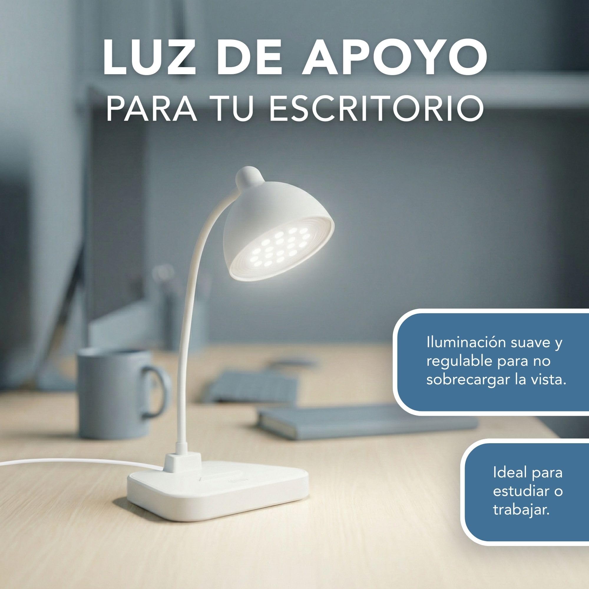 Flexo LED de Escritorio Antifatiga Ocular, Nivel de Brillo Regulable, Cuello de Cisne Flexible, Proteccion de los Ojos.