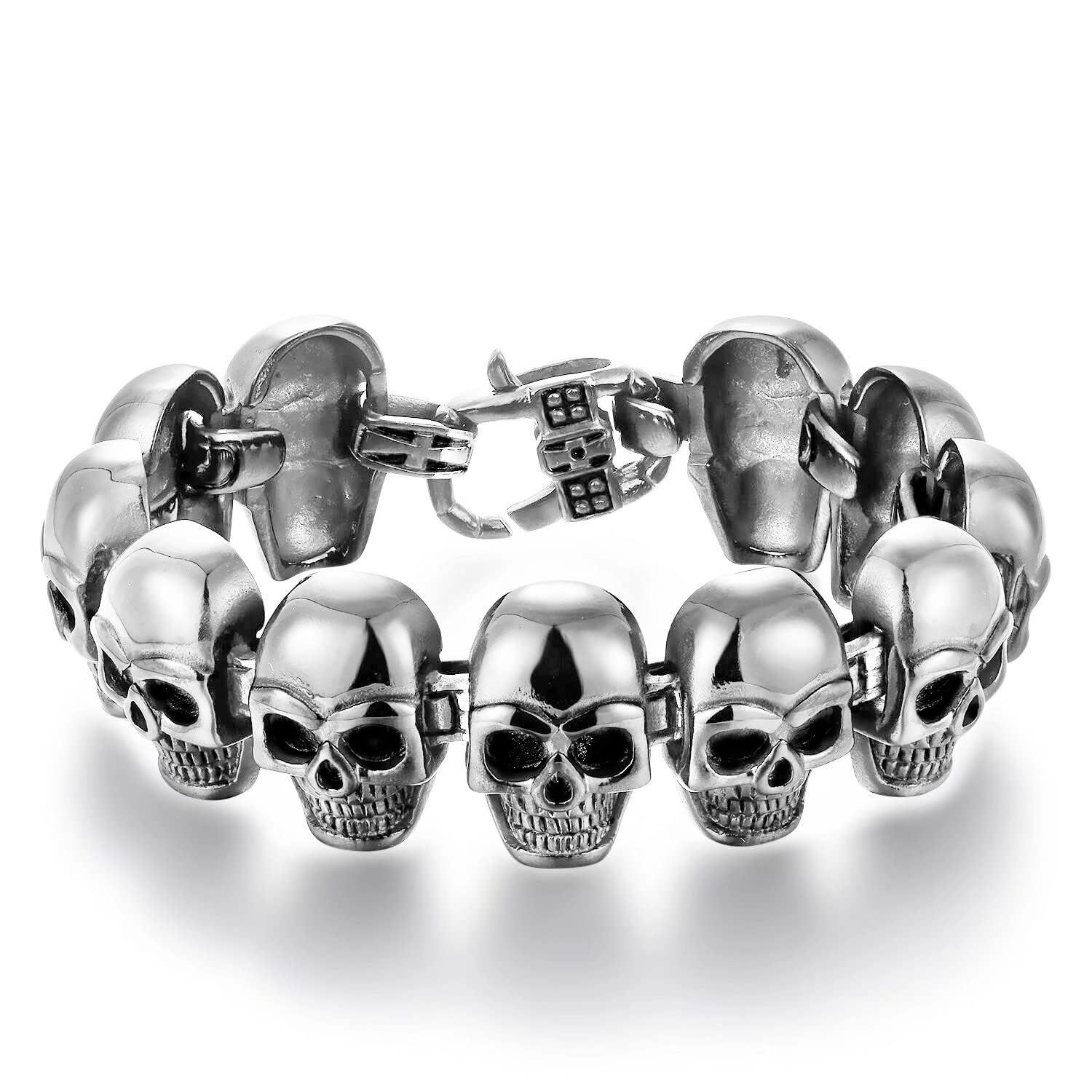 BIYONGDE Skulls Link Chain Bangle Bracelet for men Cross Spring Hook Clasp Stainless Steel Gothic Masculine