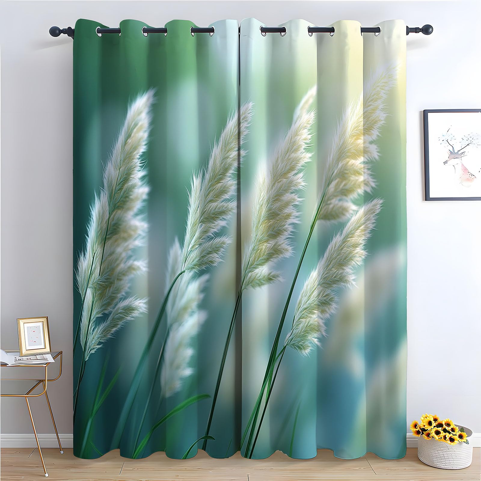 Boho Vintage Blumen Vorhänge Natürliche Pflanzenmuster Muster mit Ösen in Grau Schlaufenschal 2er Set für Wohnzimmer Schlafzimmer Kinderzimmer-H240 x B140 cm (2er Pack)