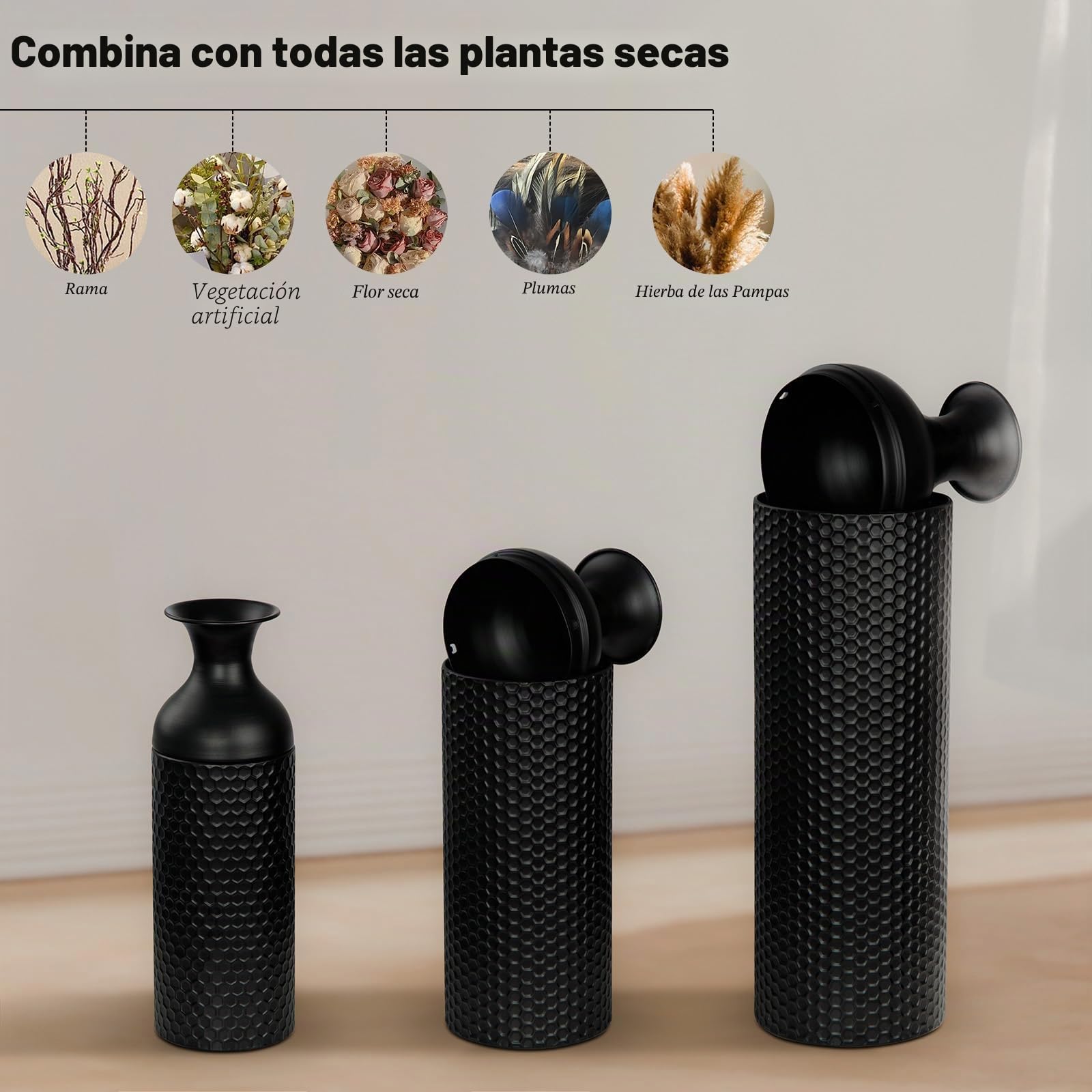 Jarrones negros grandes, 69/51/42 cm, 3 jarrones de flores de metal con textura de panal moderno para salón, rincón de casa, pasillo, decoración (con superficie lisa)