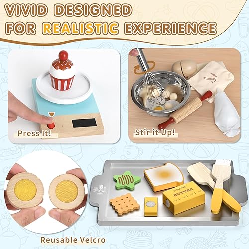 Miniatura 5 de Lehoo Castle Juego de comida para niños, accesorios de cocina de madera, juego de cocina para niños, juego de hornear para niños, juguetes para