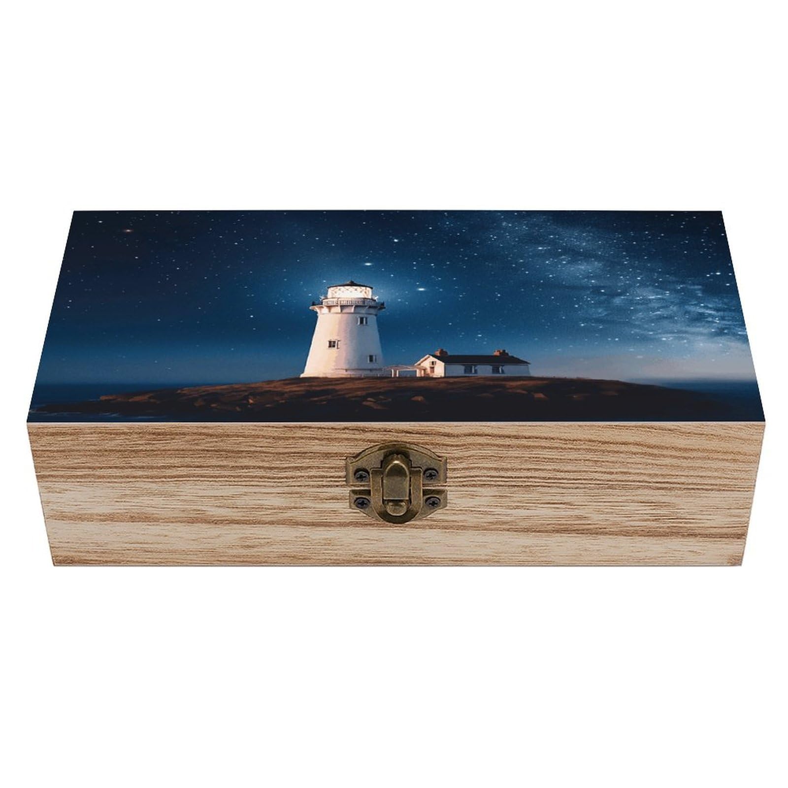 VstaDank Lighthouse Under Starry Night Sky Wooden Storage Box with Hinged Lid Natural Wooden Box Beautifully Keepsake Boxes Vintage Wood Boxes Jewelry Organizer Trinket Storage Chest Unique Gift