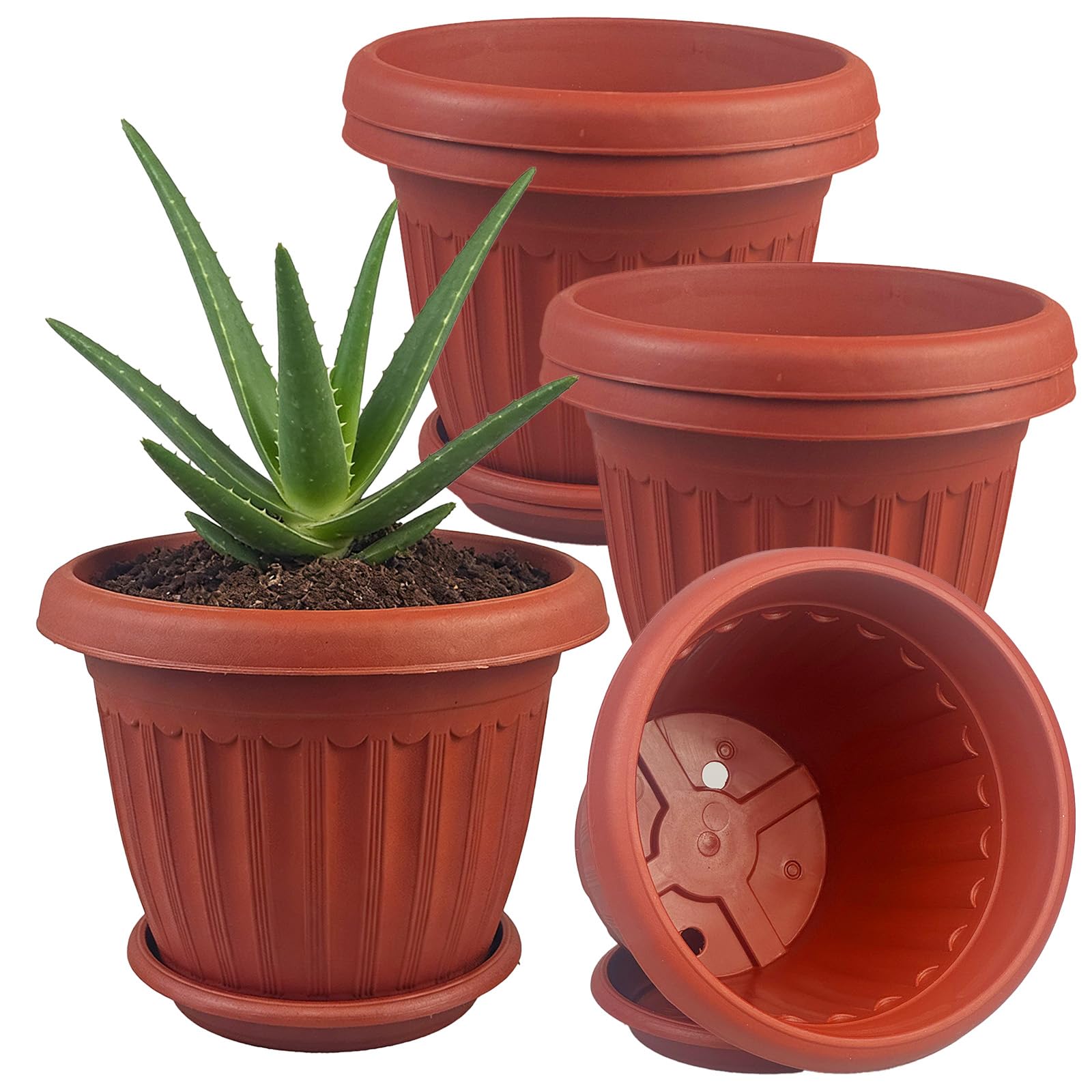 TEYIAN 6 Pack Plastic Plant Pots 16cm/6.3-in Flower Pots with Drainage Holes and Tray Modern Decorative Planter Pot Indoor Outdoor Planters for All House Plants