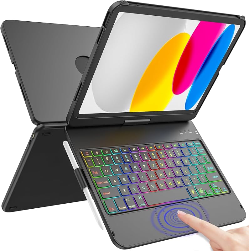 Touch Keyboard Case for iPad A16 11th Generation/10th Generation 10.9 inch | 360° Rotatable for iPad 11th / 10th Generation Case with Keyboard- 7 Color Backlight Keyboard Case with Pencil Holder