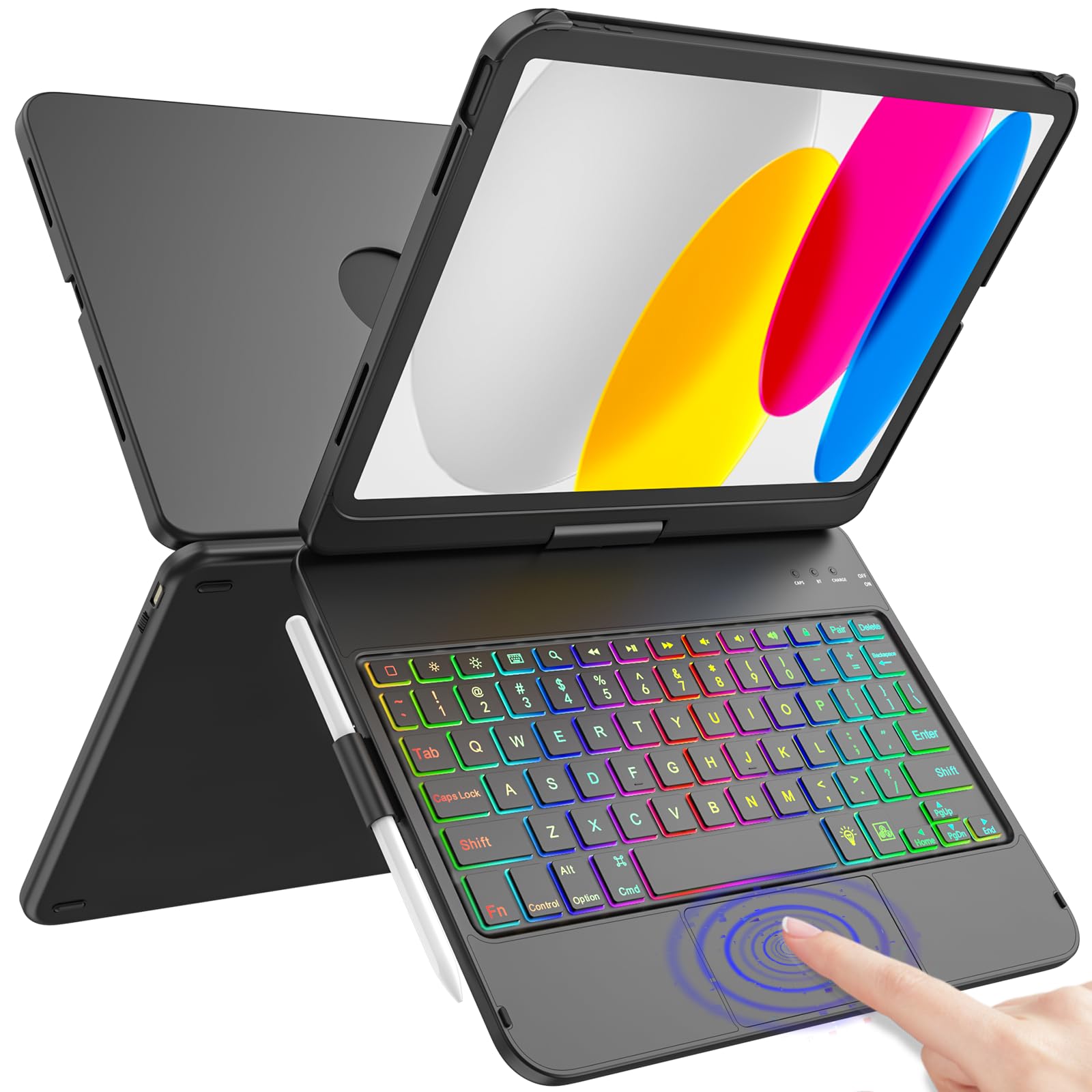 Touch Keyboard Case for iPad A16 11th Generation 2025/10th Generation 10.9 inch 2022,360° Rotatable for iPad 11th Generation Case with Keyboard- 10 Color Backlight Keyboard Case with Pencil Holder