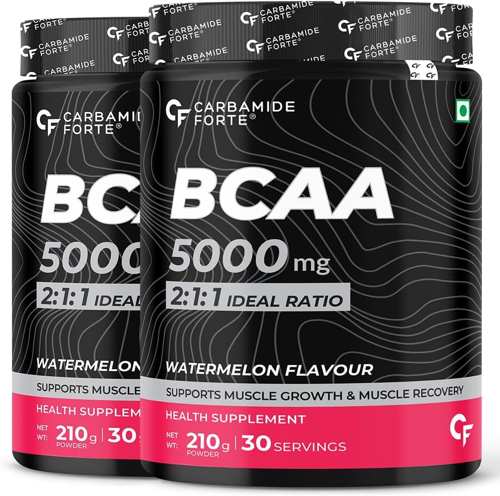 Carbamide Forte BCAA 5000mg Supplement for Men & Women 7g Serving with Ideal 2:1:1 Ratio | BCAA Powder for Muscle Growth & Muscle Recovery - Masala Watermelon Flavour - 210g (Pack of 2)